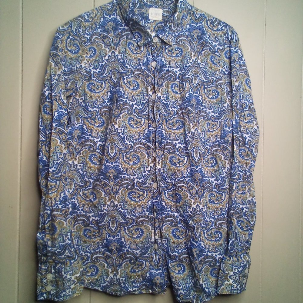 J Crew Button Up Shirt S Long Sleeve Paisley Print Blue Gold